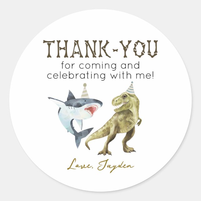 Sticker Rond Shark & Dinosaur Birthday Thank You  (Devant)