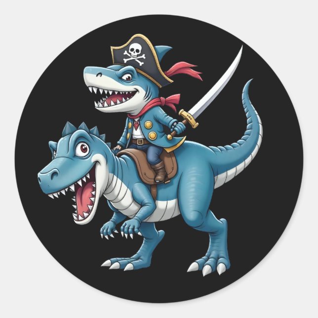 Sticker Rond Shark Pirate équitation Dinosaure T Rex Enfants ga (Devant)