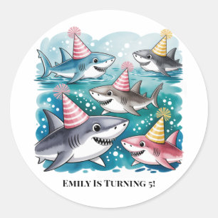 Sticker Rond Sharks mignonne Sous La Fête D'Anniversaire Des Fi