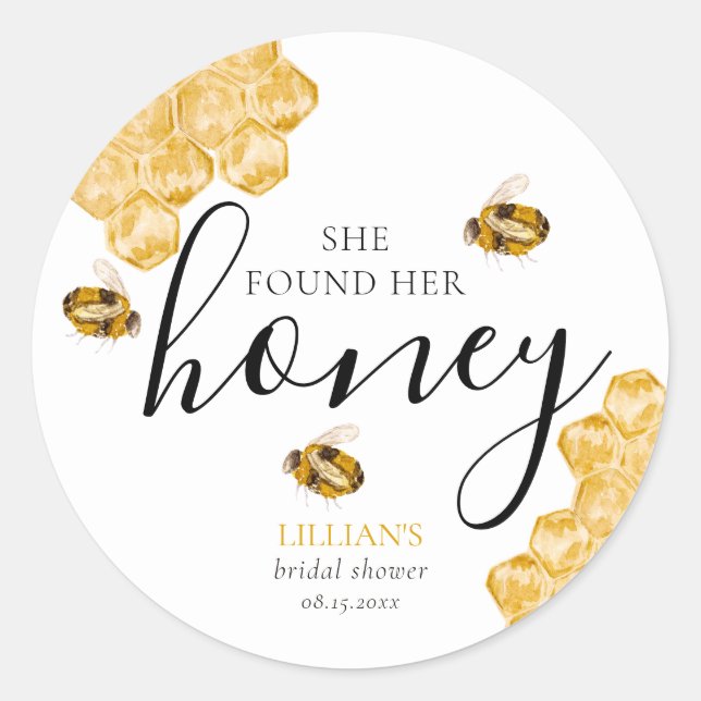 Sticker Rond She Found Her Honey Bee Bridal Shower Favor (Devant)