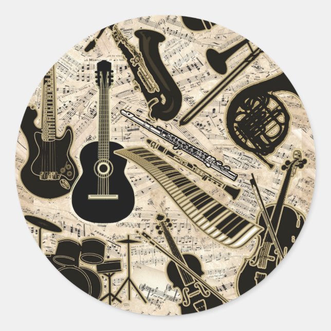 Sticker Rond Sheet Music and Instruments Black/Gold (Devant)
