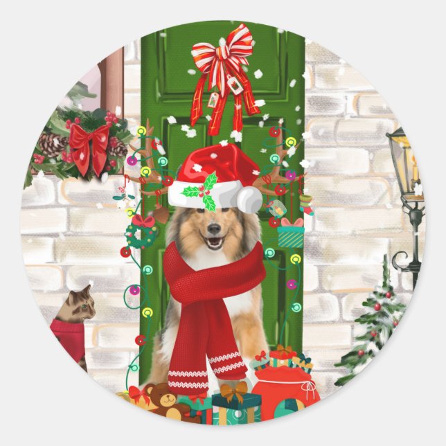 Sticker Rond Sheltie Chien Noël (Devant)