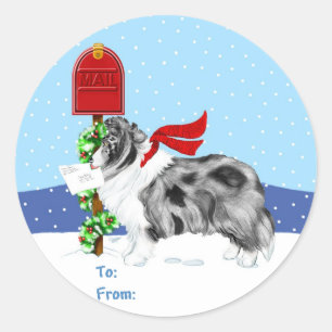 Sticker Rond Sheltie Christmas Mail Bi Blue Cadeau Tags