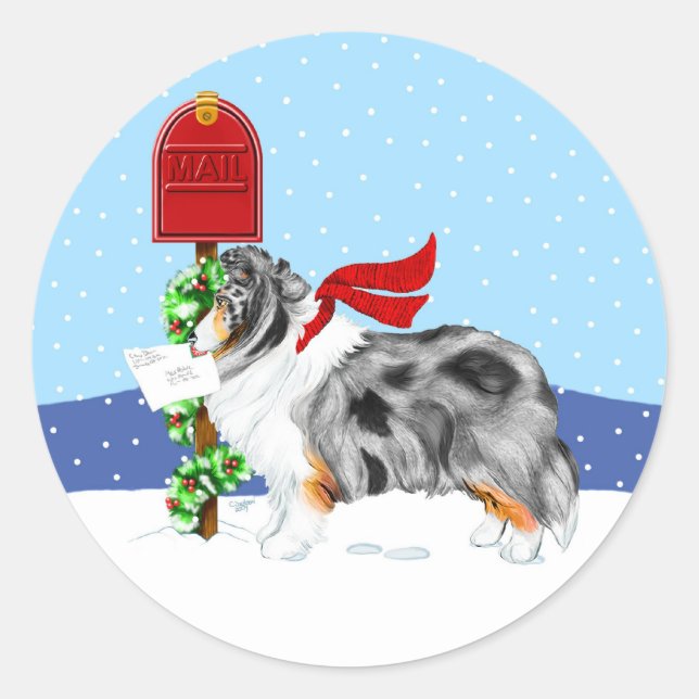 Sticker Rond Shelty Christmas Mail Blue Merle (Devant)