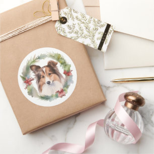 Sticker Rond Shetland Sheepdog Christmas Wreath Festive Pup