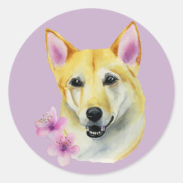 Sticker Rond Shiba Inu avec Sakura Peinture | Chien Art