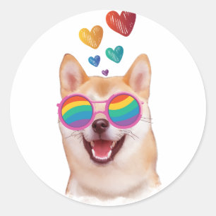 Sticker Rond Shiba Inu Chien avec Coeurs Saint Valentin