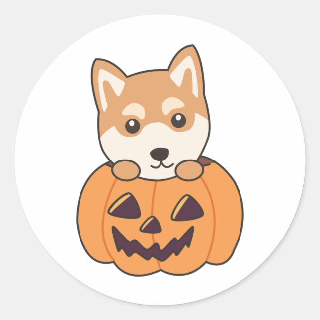 Sticker Rond Shiba Inu En Chiens Doux Citrouilles Joyeux Hallow (Devant)
