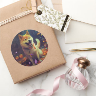 Sticker Rond Shiba Inu Halloween avec citrouilles effrayant