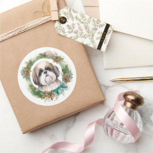 Sticker Rond Shih Tzu Christmas Wreath Festive Pup