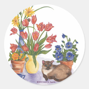 Sticker Rond Siamese Cat Tulips Pansies Aquarelle "Chester"