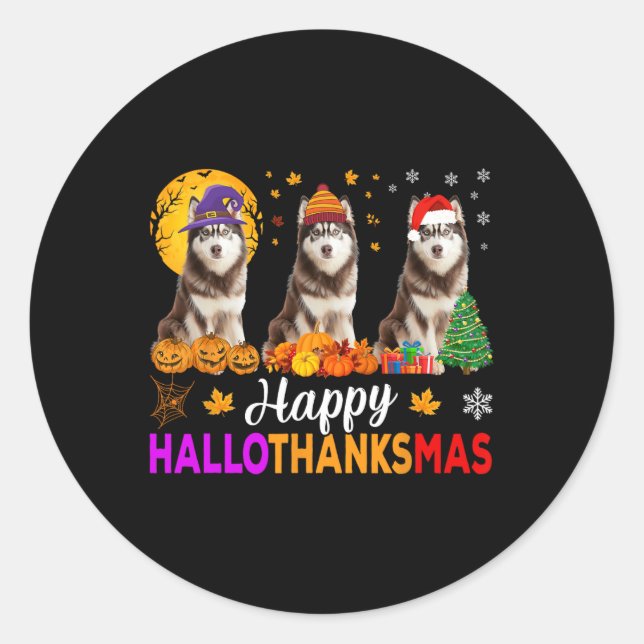 Sticker Rond Sibérie Husky Chien Halloween Noël Hallomerci (Devant)