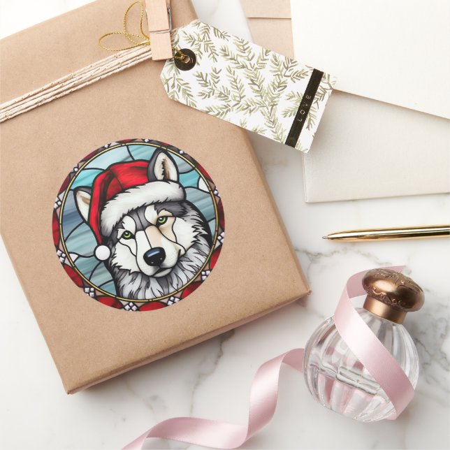 Sticker Rond Sibérien Husky Vitrail Noël (Cadeaux)