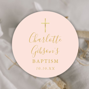 Sticker Rond Signature dorée Baptême Christening Rose Pâle