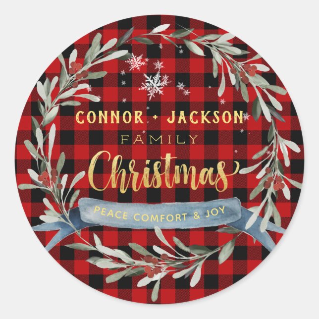Sticker Rond Signe de Noël de famille Buffalo Plaid & Gold Scri (Devant)