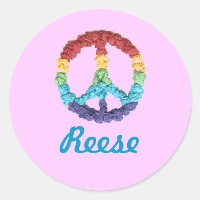 Sticker Rond Signe de paix arc-en-ciel nom (Devant)