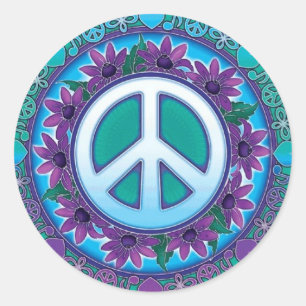 Sticker Rond Signe de paix fleuri