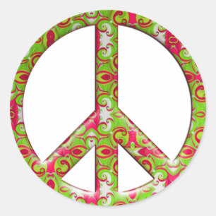 STICKER ROND SIGNE DE PAIX RÉTRO VERT & ROSE
