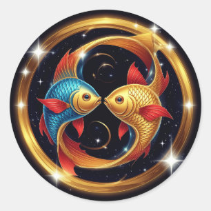Sticker Rond Signe du zodiaque Poissons dans un style artistiqu