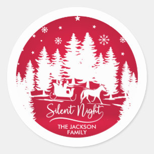 Sticker Rond Silence nuit neige flocons pins silhouettes