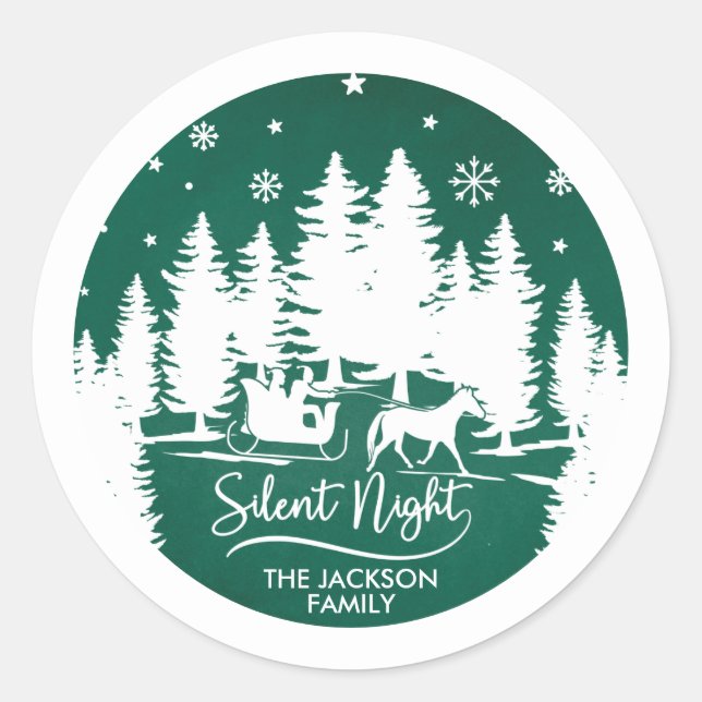 Sticker Rond Silence nuit neige flocons pins silhouettes (Devant)