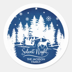 Sticker Rond Silence nuit neige flocons pins silhouettes