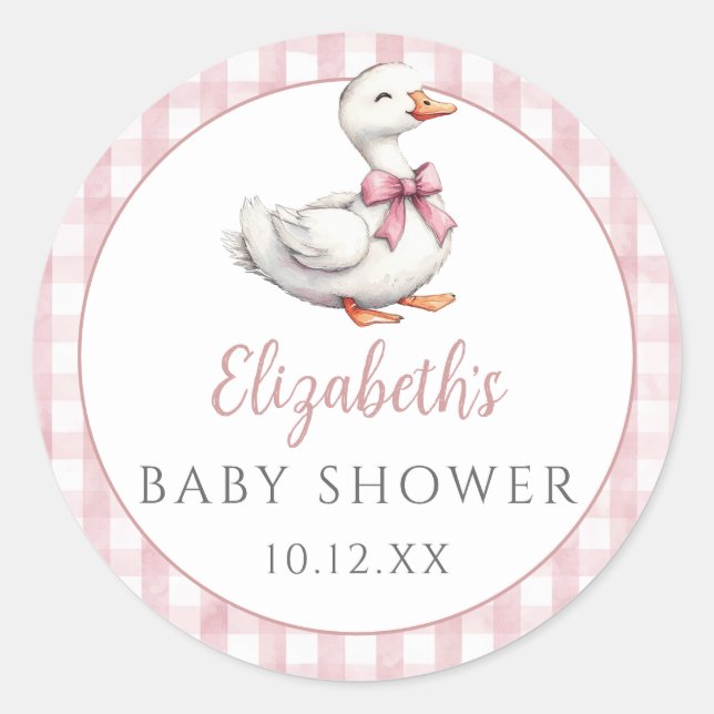 Sticker Rond Silencieux Petit Goose Rose En vichy Baby shower (Devant)