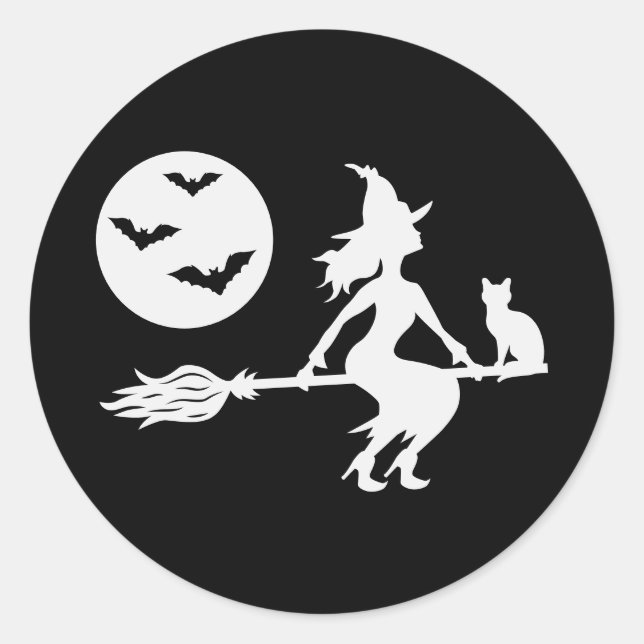 Sticker Rond Silhouette Blanche D'Une Sorcière Sur Un Broom Hal (Devant)