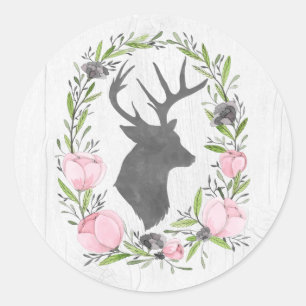Sticker Rond Silhouette de cerf rustique Cameo de fleurs sur bo