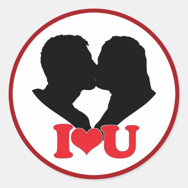 Sticker Rond Silhouette de couple qui embrasse avec "I ♥ U" (Devant)