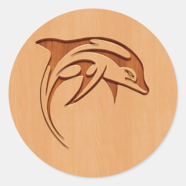Sticker Rond Silhouette de dauphin gravée sur bois (Devant)