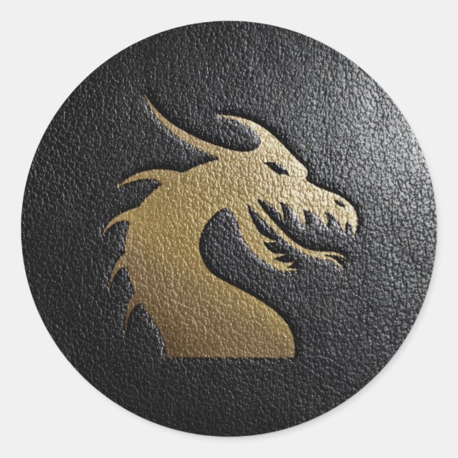 Sticker Rond Silhouette de dragon doré sur cuir noir (Devant)