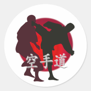 Sticker Rond Silhouette de Karate combat, arrière - plan rouge 