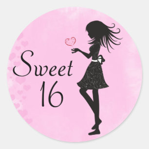 Sticker Rond Silhouette Fille et Coeurs Doux 16 Rose - Noir