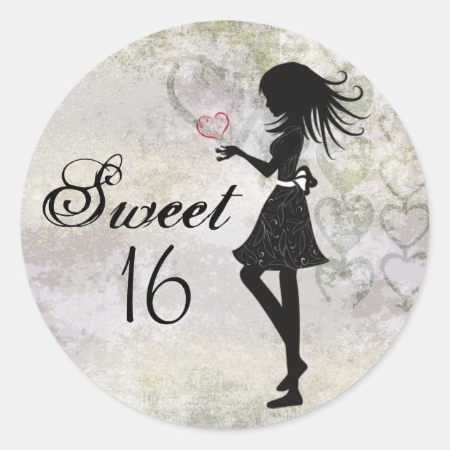 Sticker Rond Silhouette Girl and Hearts Sweet 16 Anniversaire (Devant)