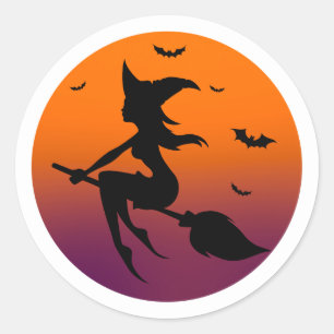 Sticker Rond Silhouette sorcière en lune orange