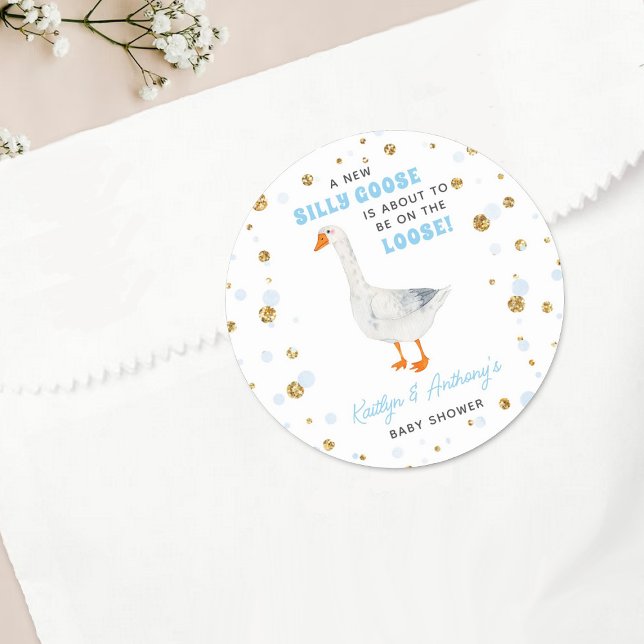 Sticker Rond Silly Goose Blue Watercolor Boys Baby Shower (Créateur téléchargé)
