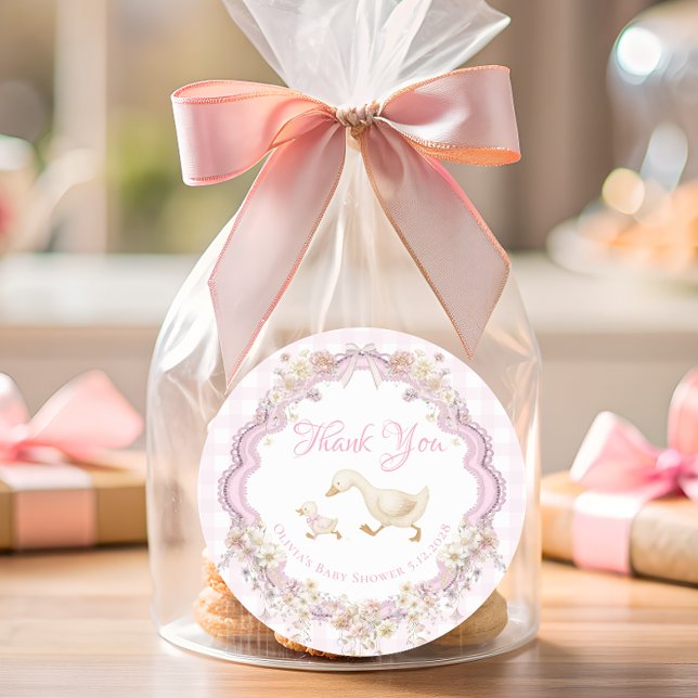 Sticker Rond Silly Goose Pink Gingham Baby Shower Thank You (Créateur téléchargé)
