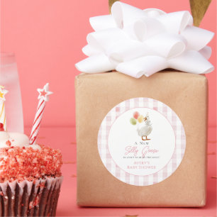 Sticker Rond Silly Goose rose En vichy Baby shower fille