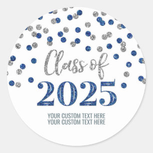 Sticker Rond Silver Blue Confetti Graduation 2025