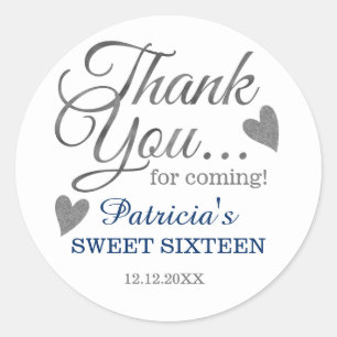 Sticker Rond Silver Blue Sweet élégant 16 Merci d'anniversaire