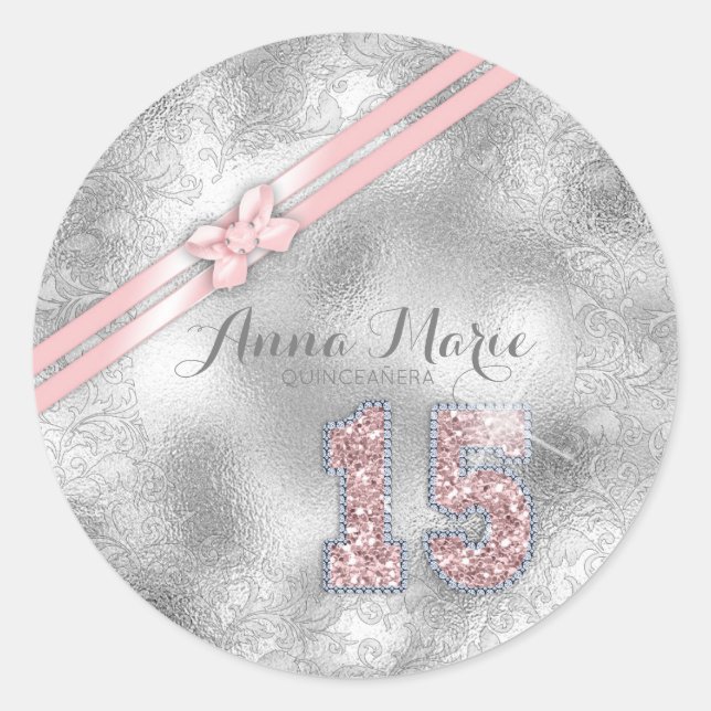 Sticker Rond Silver Brocade Quinzième anniversaire Rose Gold ID (Devant)