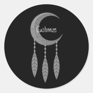 Sticker Rond Silver Crescent Moon Feathers