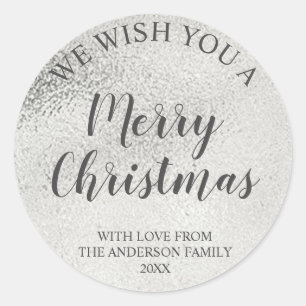Sticker Rond Silver Foil et Gris Script Joyeux Noël