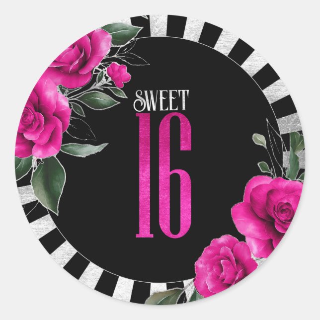 Sticker Rond Silver Foil Stripes Floral Hot Pink ID759 (Devant)
