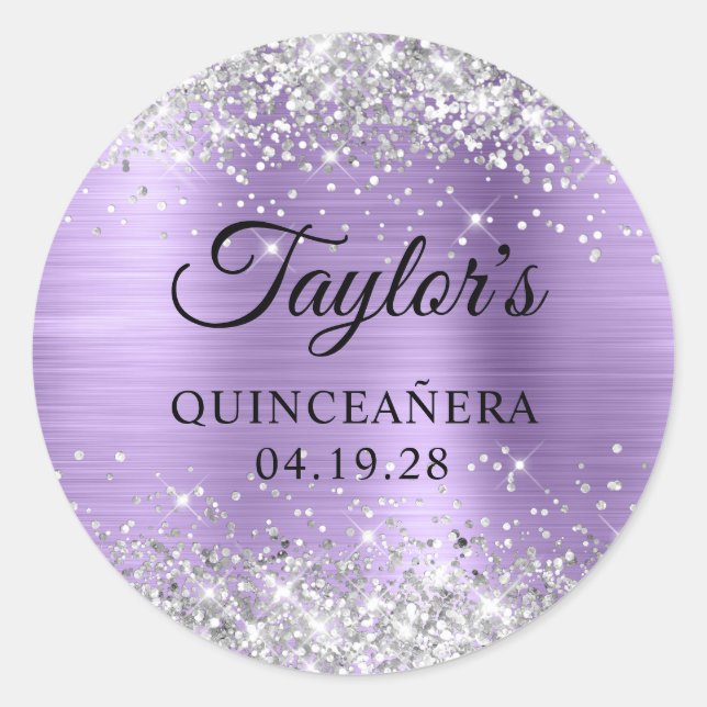 Sticker Rond Silver Glitter Clair Violet Huile Quinceanera (Devant)