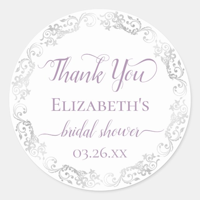 Sticker Rond Silver Lace and Lavender Bridal Shower Thank You (Devant)