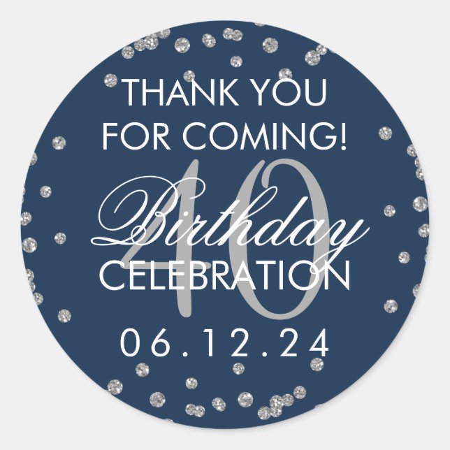 Sticker Rond Silver Navy Bleu 40e anniversaire Merci Confetti (Devant)