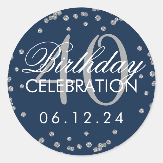 Sticker Rond Silver Navy Bleu 40e anniversaire Parties scintill (Devant)