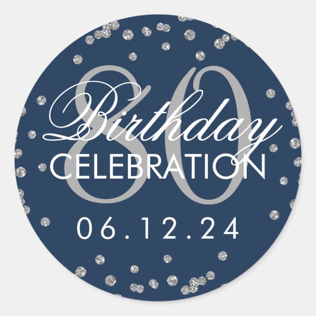 Sticker Rond Silver Navy Blue 80e anniversaire Parties scintill (Devant)